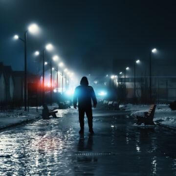 Man,Silhouette,In,Misty,Alley,At,Night,City,Park,,Mystery CRIME WAVE AMERICA: HELL’S A POPPIN