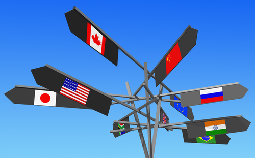 Flags,Of,The,World,Industrial,Powers,Directional,Signs,Over,Blue PUTIN SEES UKRAINE WAR AS MAJOR SHIFT IN GLOBAL ORDER