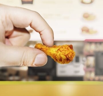 Hand holding miniature fried chicken drumstick