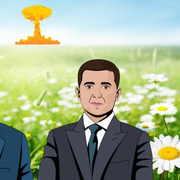 Illustration of Presidents Biden & Zelensky with sunflower background and atomic mushroom cloud