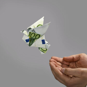 Origami Bird Made By Euro Bill Flying Away