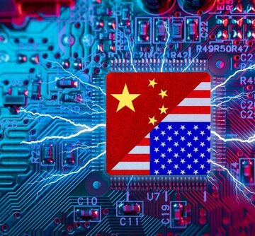 Flags of USA and China on Computer Cpu Chip