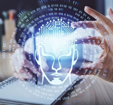 Multi Exposure of Writing Hand on Background with Brain Hologram.