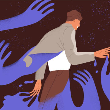 Graphic Of Man Being Pulled Down By Amorphous Purple Arms