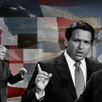 PREZ REALITY-RON DESANTIS CAMPAIGN ANNOUNCEMENT Collage of Joe Biden, Donald Trump, Ron DeSantis, Robert F Kennedy, Jr
