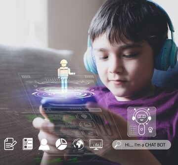 Technology,Education,school,Kid,Holding,Mobile,Phone,And,Wearing,Headphones,Talking UP NEXT: iPHONE GPT