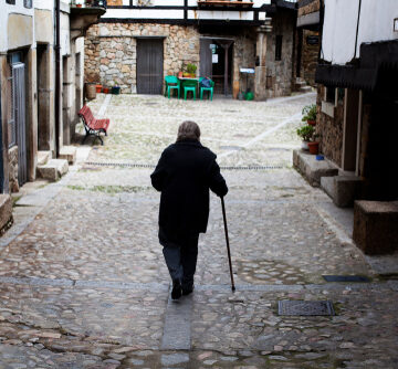 Walking,Stick,Old,Woman.,Depopulation,Concept. Old Woman With Walking Stick