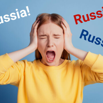 Women Covering Her Ears Surrounded By The Words Russia, Russia, Russia