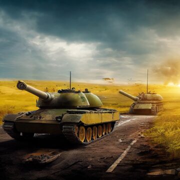 Painting of Ukrainian Tanks at Sunset