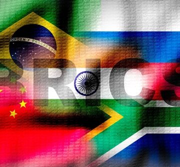 BRICS: Brazil, Russia, India, China And South Africa With Flags In Background