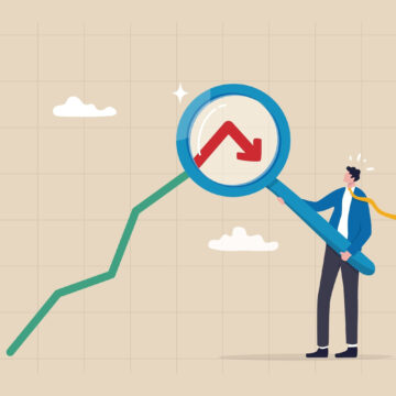 ECON-INFLATION RATE FALLS TO 3 PER Illustration Of Man With Magnifying Glass Zooming In On Peaked and Falling Graph Line