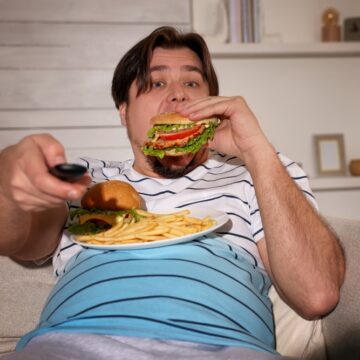Overweight Man With Plate Of Burgers And French Fries Watching TV