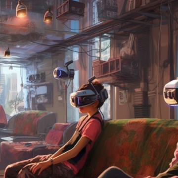 Futuristic illustration of youth wearing VR headsets