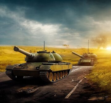 Ukrainian War Tanks On A Roadway At Sunset
