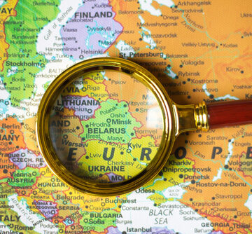 Map Of Europe With Magnifying Glass Focussed on Belarus