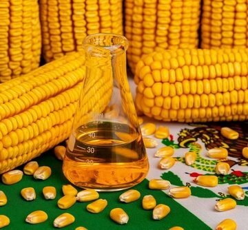 Mexican Flag Beneath Laboratory Beaker And Corn Kernels