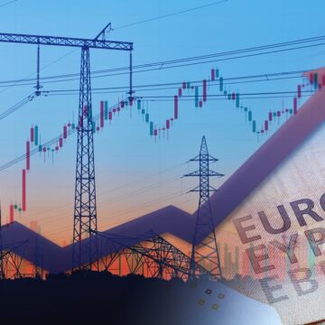 Power Lines Next To Euro Notes With Rising Up Arrow