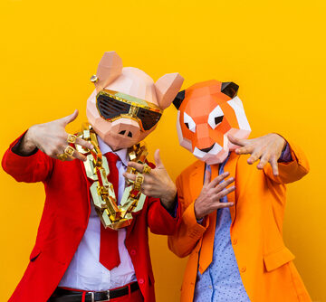 Men Wearing 3D Origami Masks With Stylish Colored Clothes