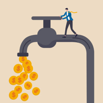Concept Illustration Of Man Turning Faucet Spilling Out Coins