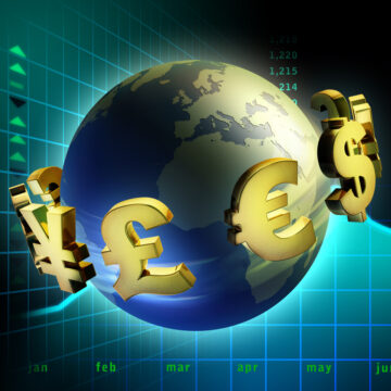 3D Digital Illustration Of Currency Symbols Circling Planet Earth