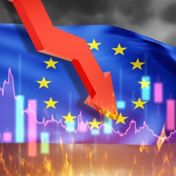 Flag Of European Union, Graph, And Down Arrow As Metaphor For Unstable Financial Europe