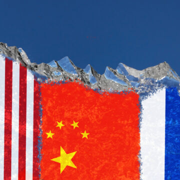 The Flags Of Russia, The United,States, And China With Ragged Edges