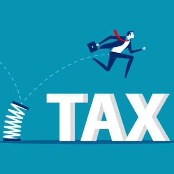 Concept Illustration Of Businessman Springing Over Tax