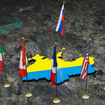 The Flags Of The G7 Countries Surrounding The Map Of Russia With The Russia Flag On The Other Side