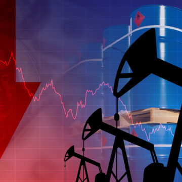 Collage of Down Arrow, Oil Pumps, Down-trending Graph, And Oil Barrels