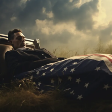 Dark, Dreary Image Of Young Man Sleeping In A Rocking Chair Draped With American Flag