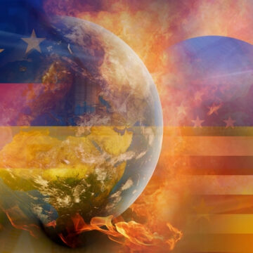 Illustration Of Worlds Colliding With The Overlay Of The U.S. And Flames