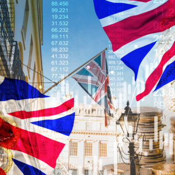 Montage of Flag Of Great Britain, Stock Market Graphic, Financial Market In Background