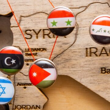 Syria, Iraq, Israel, Lebanon, Iran Flags On Push Pins On Wooden Map