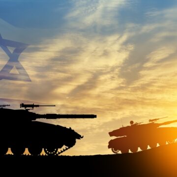 Silhouettes Of Army Tanks At Sunset With Israel Star Of David In Background