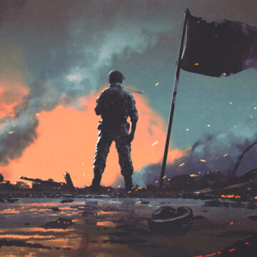 Illustration of the Back Of A Soldier Looking Over A Destroyed War Zone