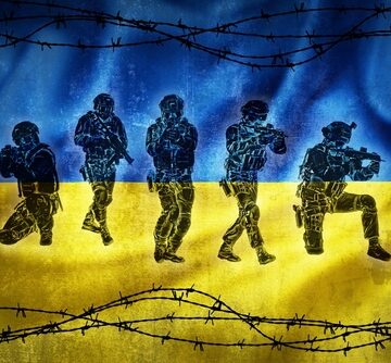 Grunge,Flag,Of,Ukraine,Surrounded,By,Barb,Wire,With,Soliders Flag Of Ukraine Surrounded By Barbed Wire And Soliders