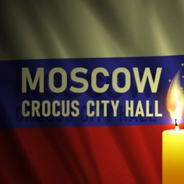 GEO-WWIII RUSSIA BLAMES UKRAINE Memorial Banner With Candle For The Moscow Crocus City Hall