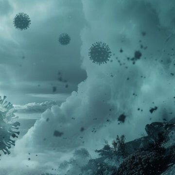 Concept Image of Storm, Covid Virus, And Person In Filtration Suit