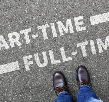 Part-time And Full-time Printed On The Sidewalk With A Businessman's Feet Looking Down
