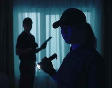 Silhouette Of Officers With Flashlights Standing In The Dark