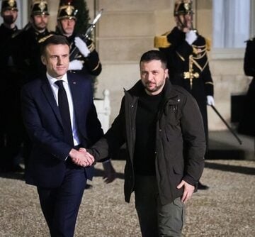 French President Emmanuel Macron Greeting Ukrainian President Volodymyr Zelensky