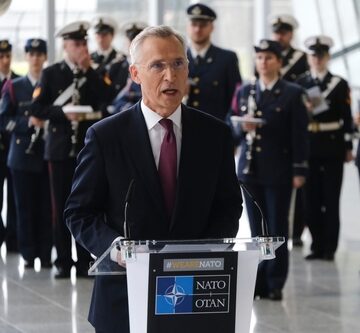 Nato,Secretary,General,Jens,Stoltenberg,Addresses,The,Audience,During,A North Atlantic Treaty Organization (NATO) Secretary General Jens Stoltenberg gives a speech while international foreign ministers listen on.