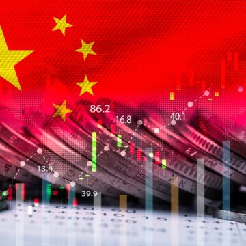 Double Exposure Of China Flag On Stacks Of Coins And Stock Graphs