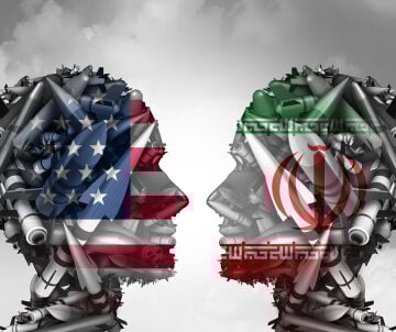 Concept Illustration of Iran, U.S. Conflict With Heads Filled With Flags and Weapons