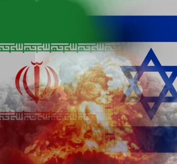 Israeli And Iranian Flags With Erupting Flames