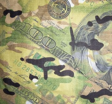Double Exposure Of Camouflage And U.S. Dollar Bills