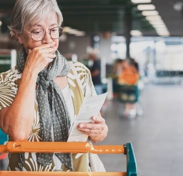 Senior Woman In The Supermarket Checks Grocery Receipt With Shocked Expression