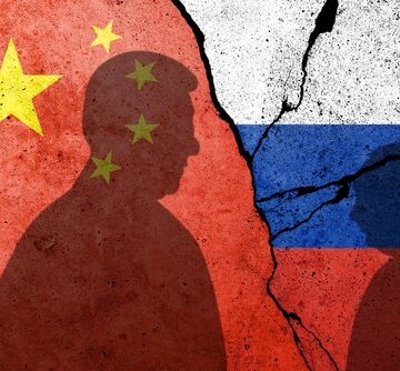 Concept Illustration Of The Flags Of China And Russia On A Concrete Wall With The Silhouettes Of Xi Jinping And Vladimir Putin In The Foreground