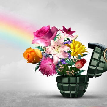 A Hand Grenade With Flowers And A Rainbow