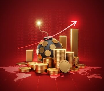 Financial,Crisis,Gold,Coin,Explosive,Bomb,On,Global,Crash,Business Concept Illustration Of Financial Crisis With Gold Coins, Explosive Bomb, And Rising Graph Arrow
